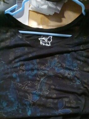 (176) Just My Size Black Long Sleeve Top with Teal Blue Print